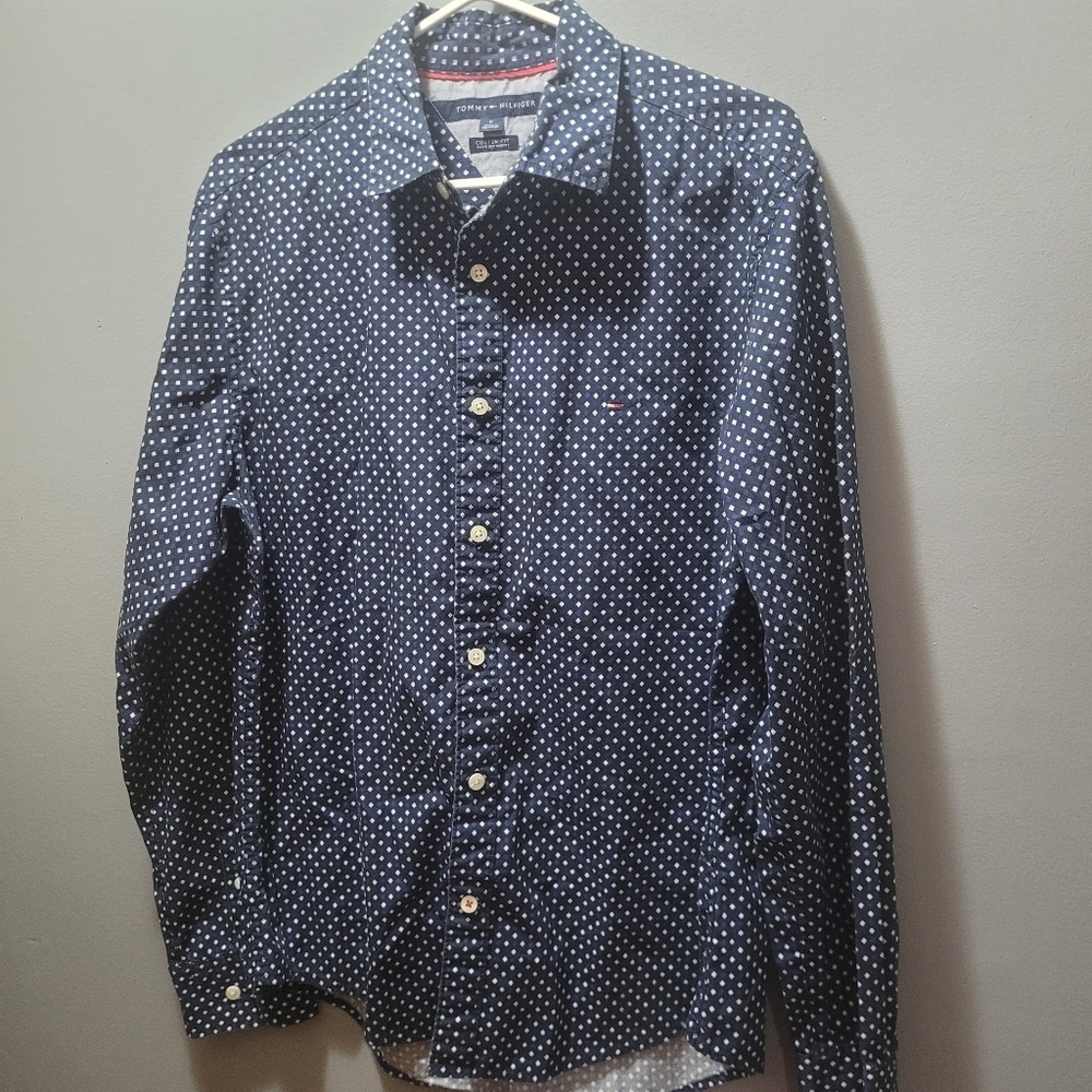 Tommy Hilfiger Blue and White Diamond Check Pattern Button Up Shirt M